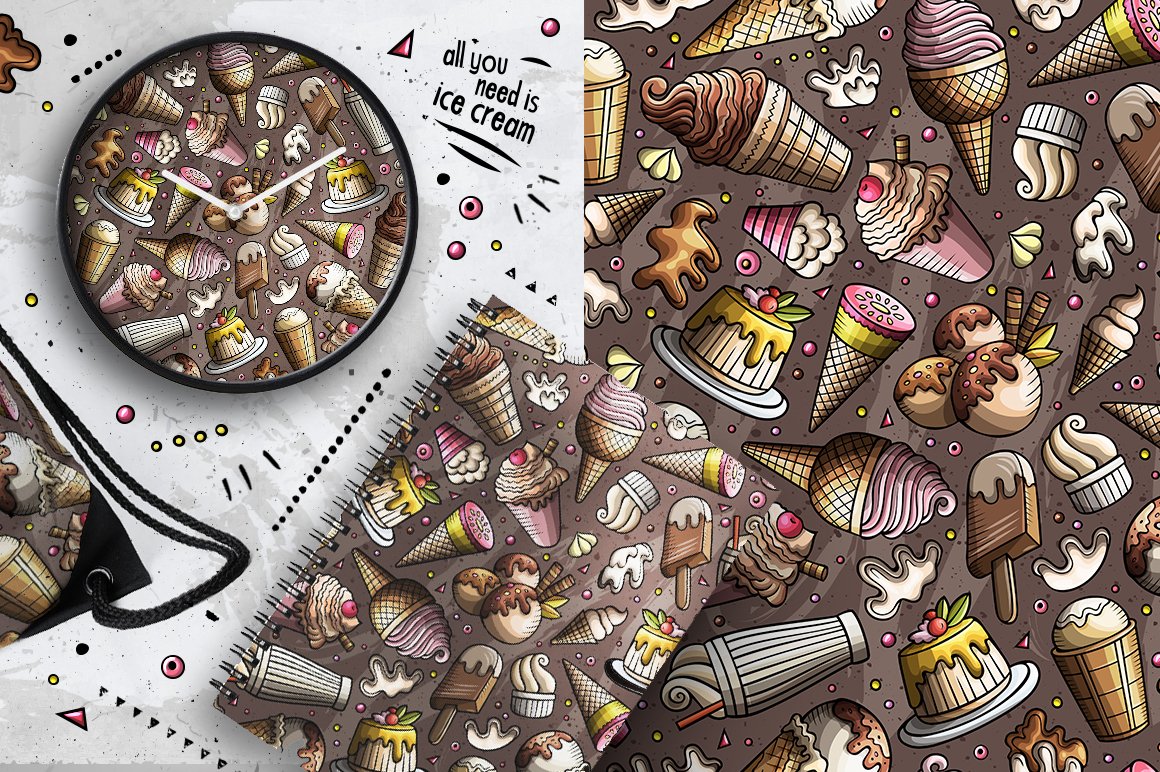 Dark brown color background with ice cream in different serves.