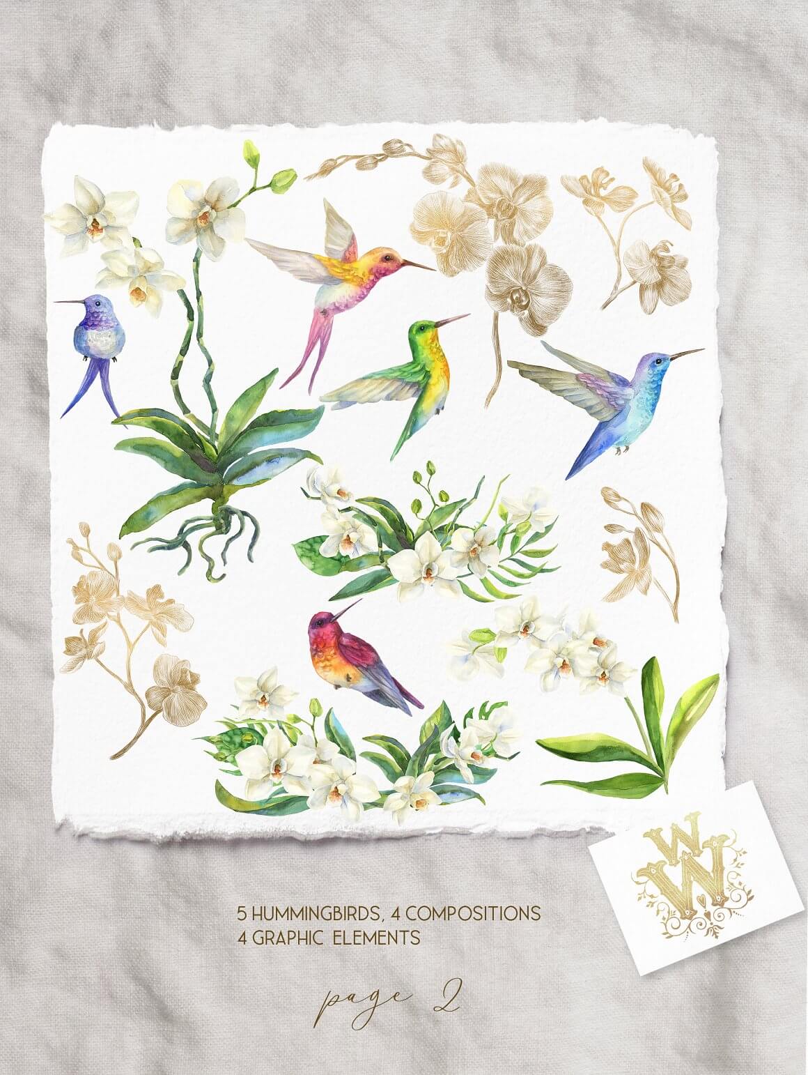 Bouquets of orchids, twigs of orchids and variants of multi-colored hummingbirds are not on a white background.