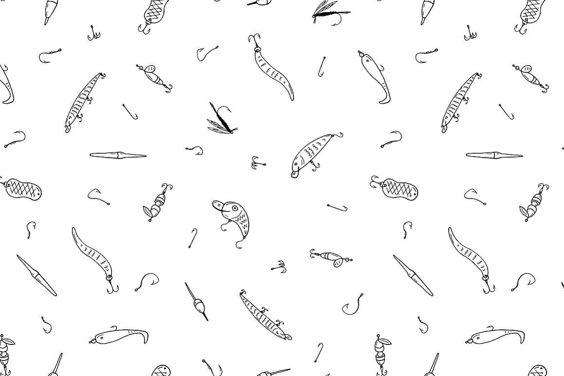 Lures, floats, hooks are drawn on a white background.
