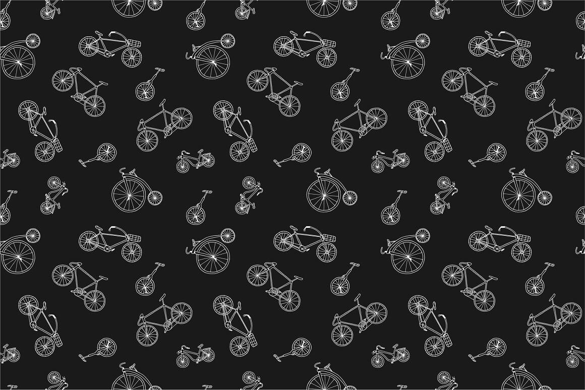 Many bicycles with wheels of different sizes on a black background.