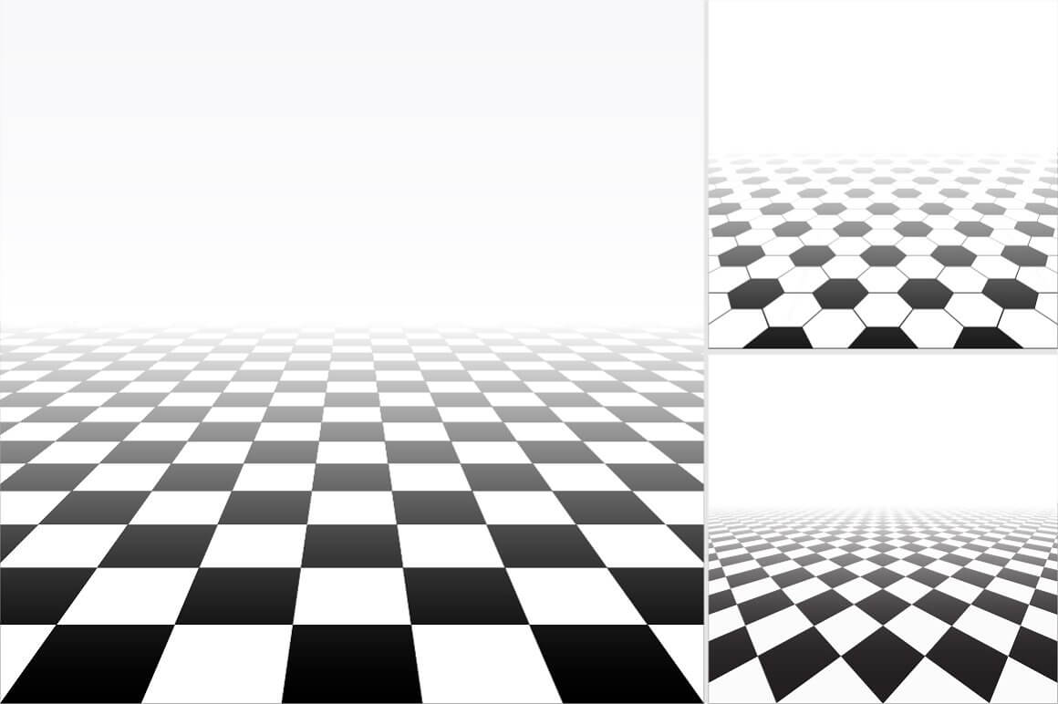 3 white and black versions of an abstract background with a tiled floor perspective.