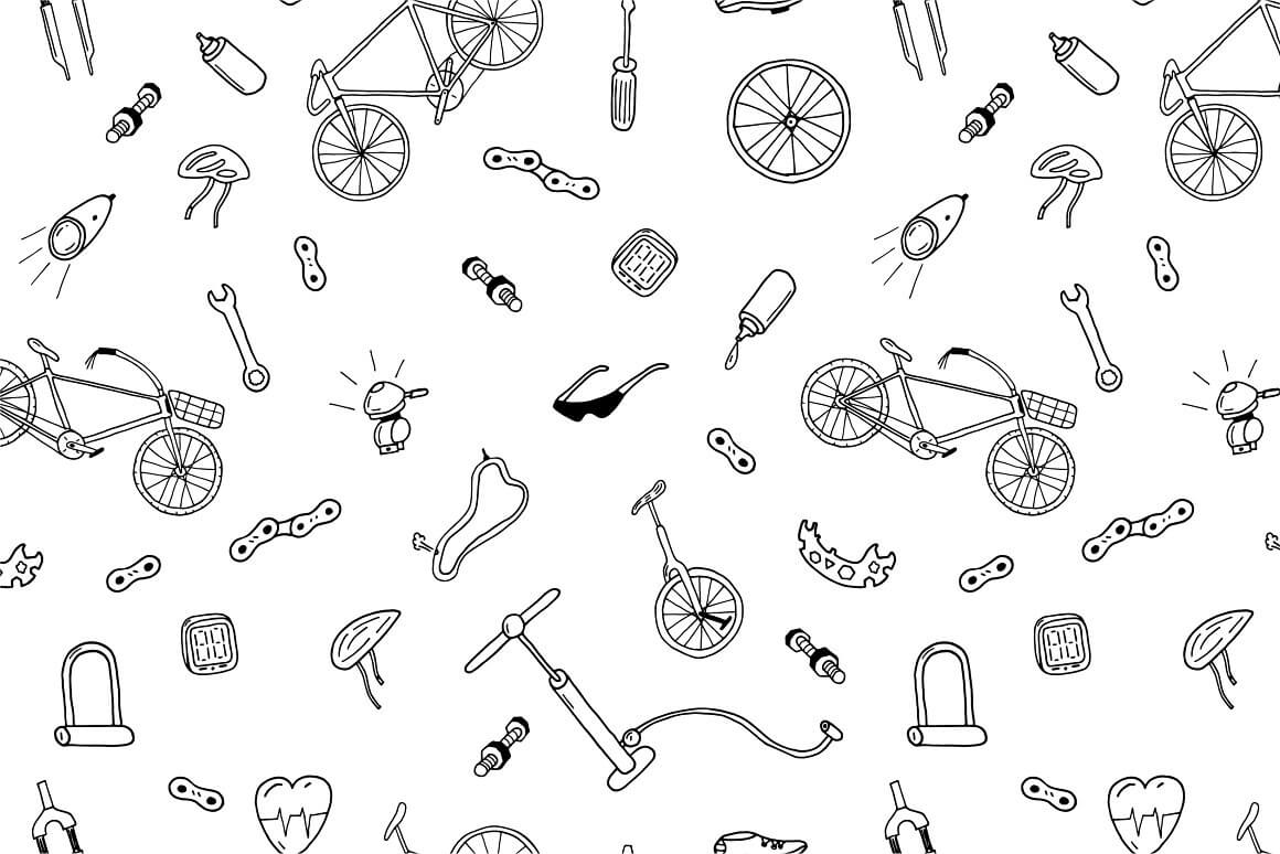 Bicycle wheels, pumps, bicycle lock, bicycle lights in a chaotic manner.