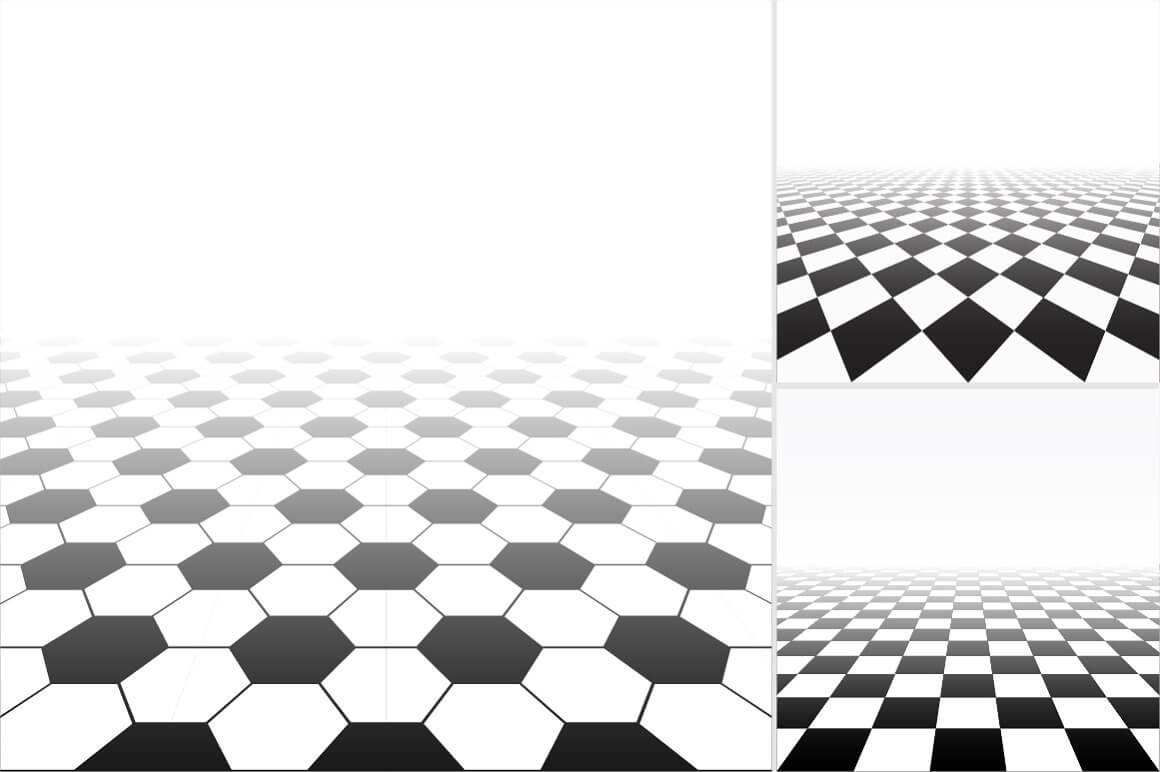A large tiled floor image of white and black hexagons and two smaller images of squares.
