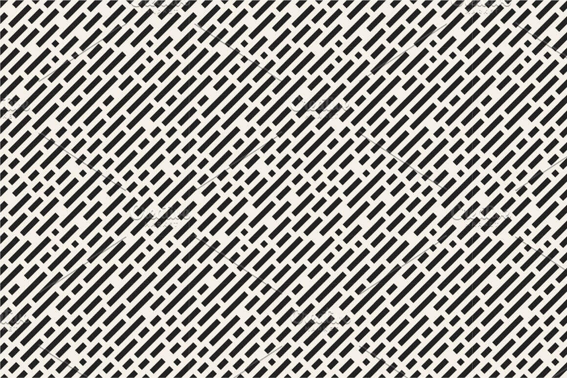 Seamless patterns, black diagonal broken stripes on a white background.