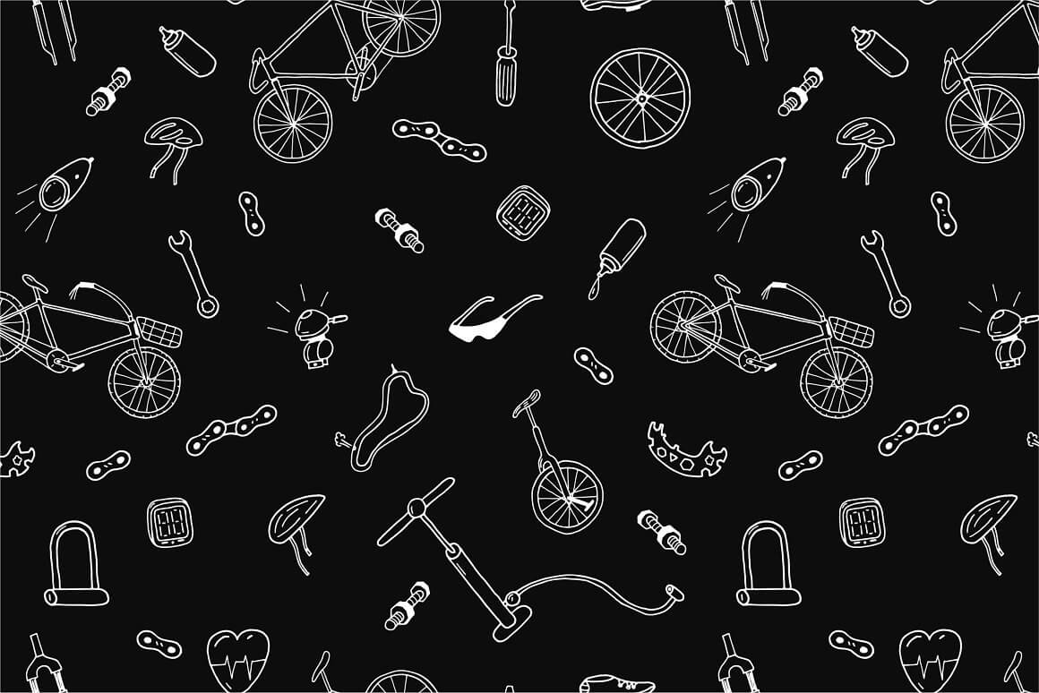 Bicycle wheels, pumps, bicycle lock, bicycle lights in a chaotic pattern on a black background.