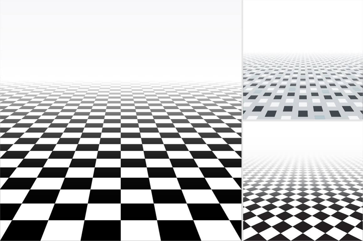 A large image of a tiled floor made of white and black squares and two smaller geometric images of a tiled floor.