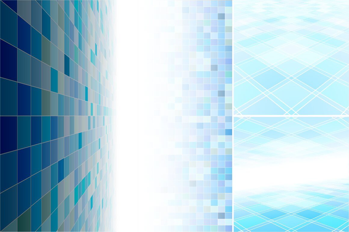 The abstract background consists of many blue tiles in different shades.