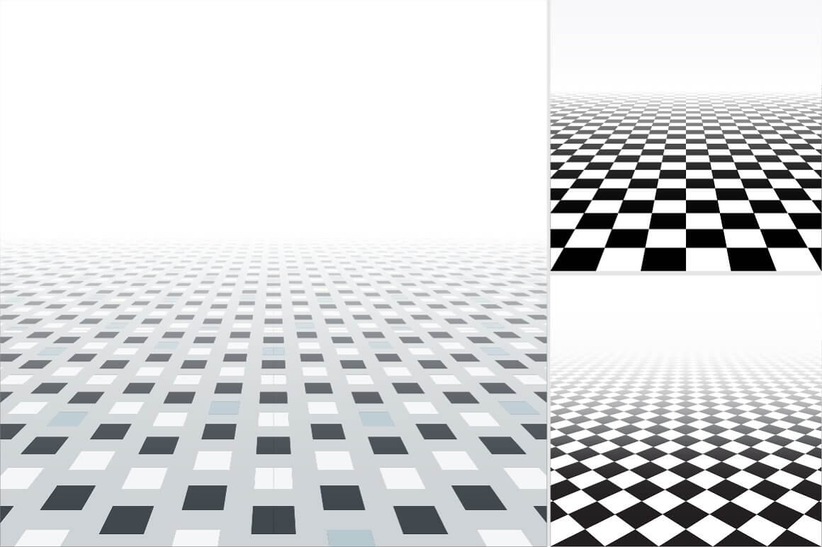 Image of a tiled floor made of white and black squares on a gray background.