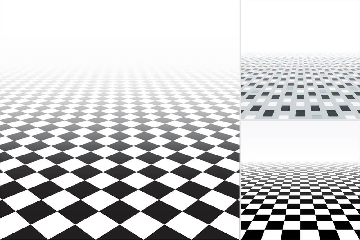Image of a tiled floor made of white and black diamonds.