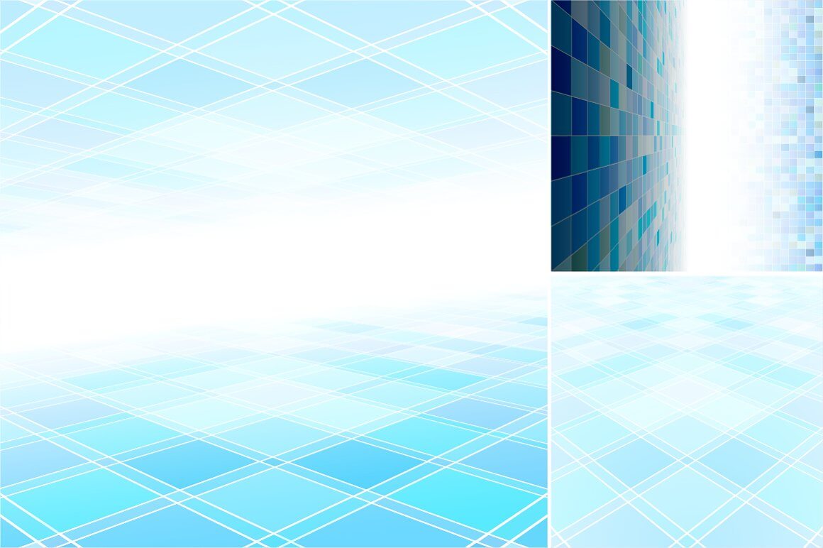 The abstract background consists of a floor and a ceiling of blue tiles with a horizontal white stripe in the middle.