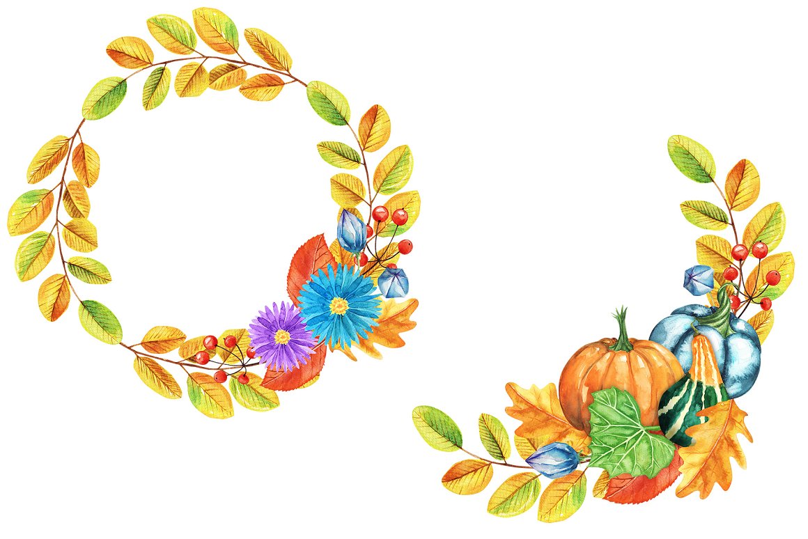 Painted wreaths of autumn castings and flowers with small pumpkins.