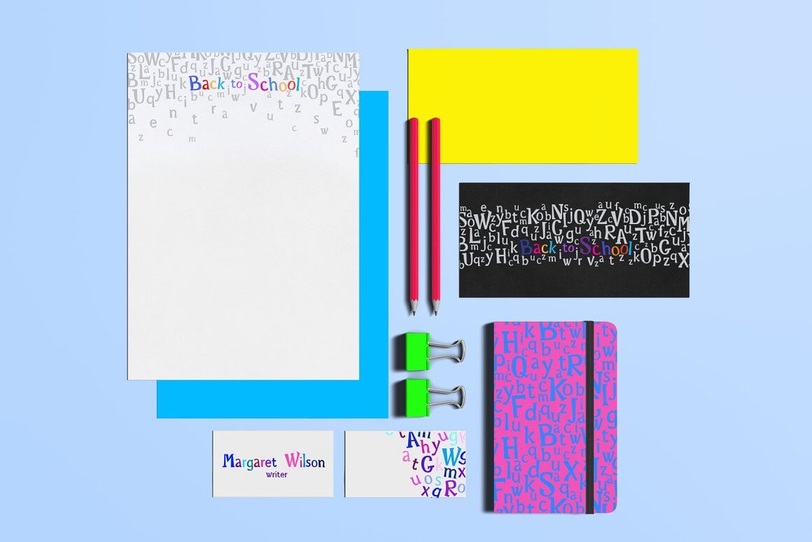 School supplies with colorful bright designs.
