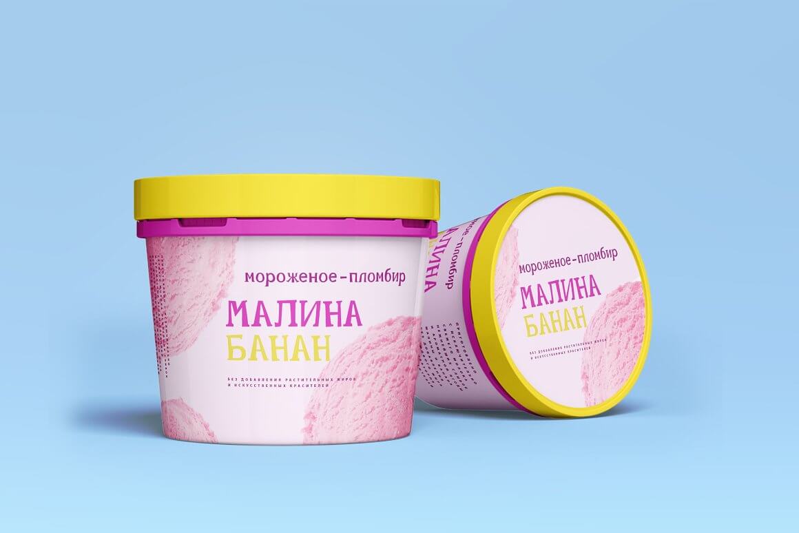 Two colored cans of ice-cream ice cream with the inscription raspberry-banana on a blue background.