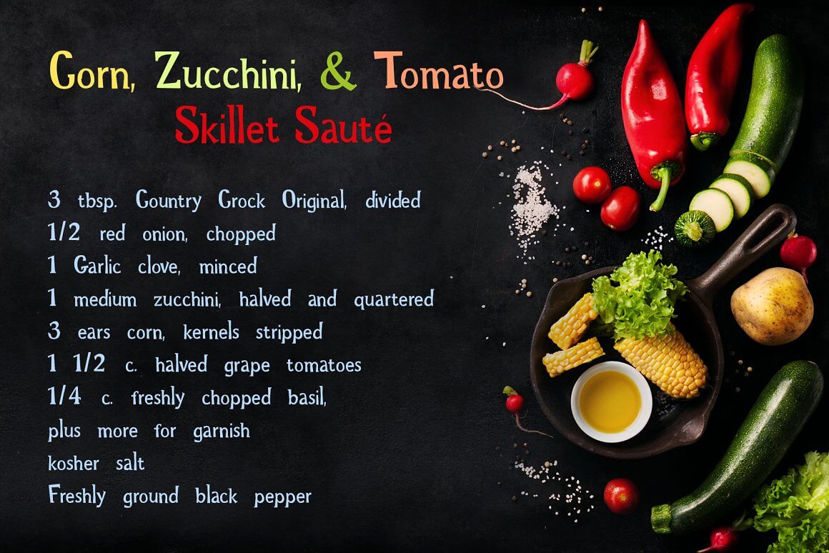 Receipe with corn, zucchini and tomato, skillet saute.