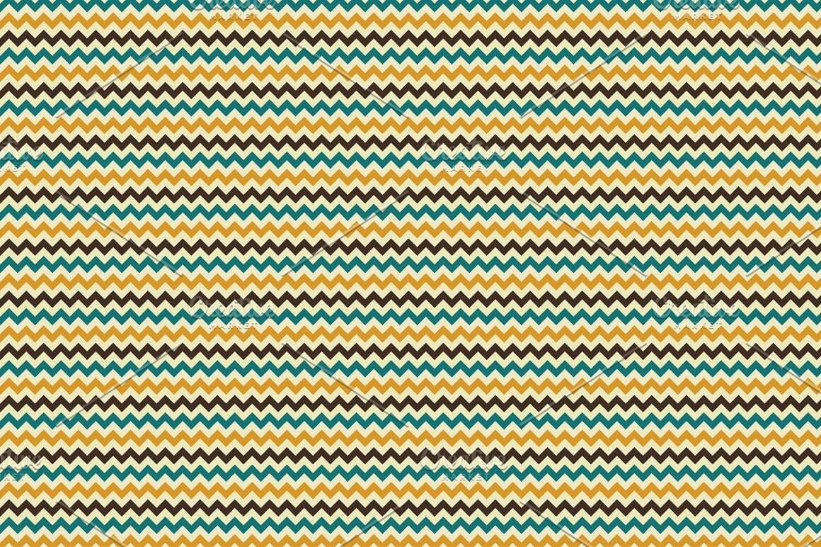 Pattern with zigzag lines in yellow, blue, purple on a beige background.
