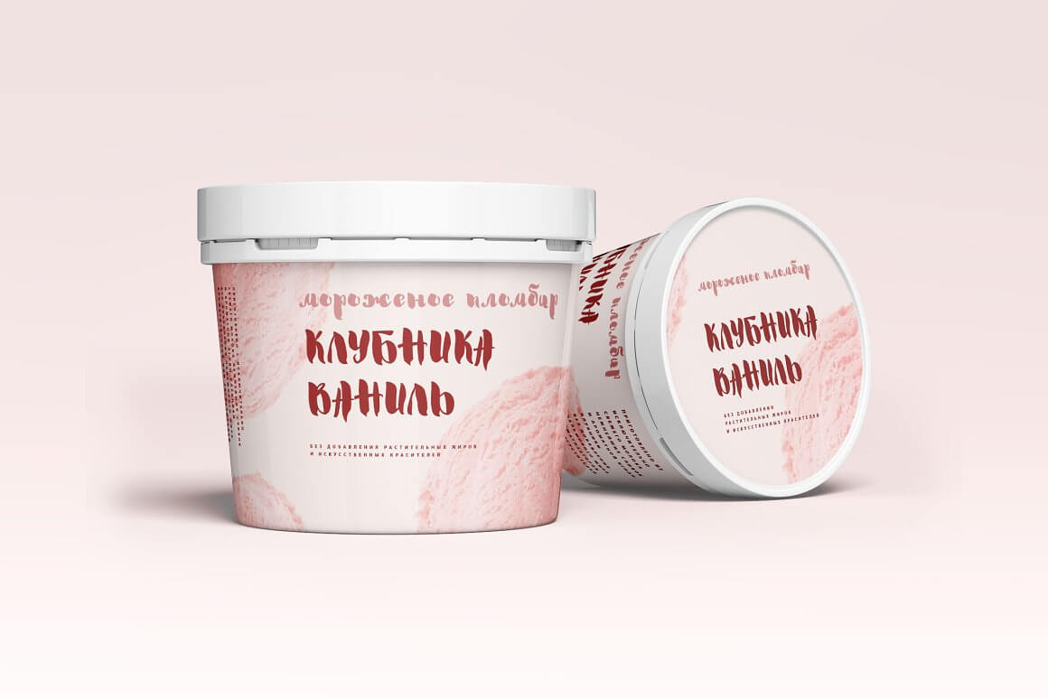Ice cream "Strawberry-vanilla" in pink jars on a powdery background.