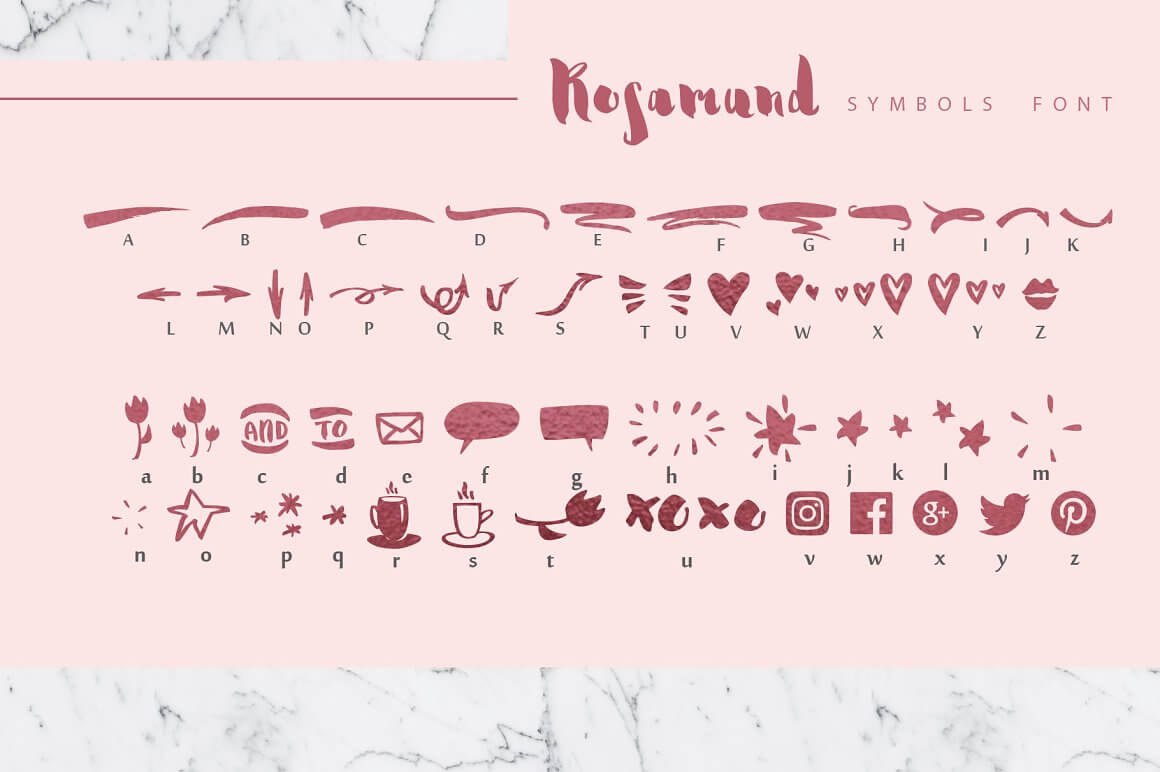 Rosamund symbols font on the pink backgraund.
