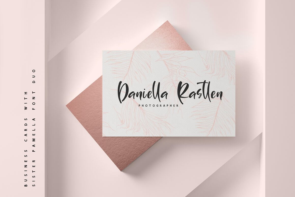 Business cards with sister Pamella font duo.