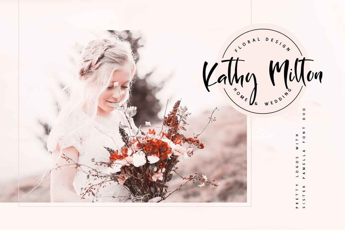 Kathy Milton floral design homa and wedding in Pamella font.