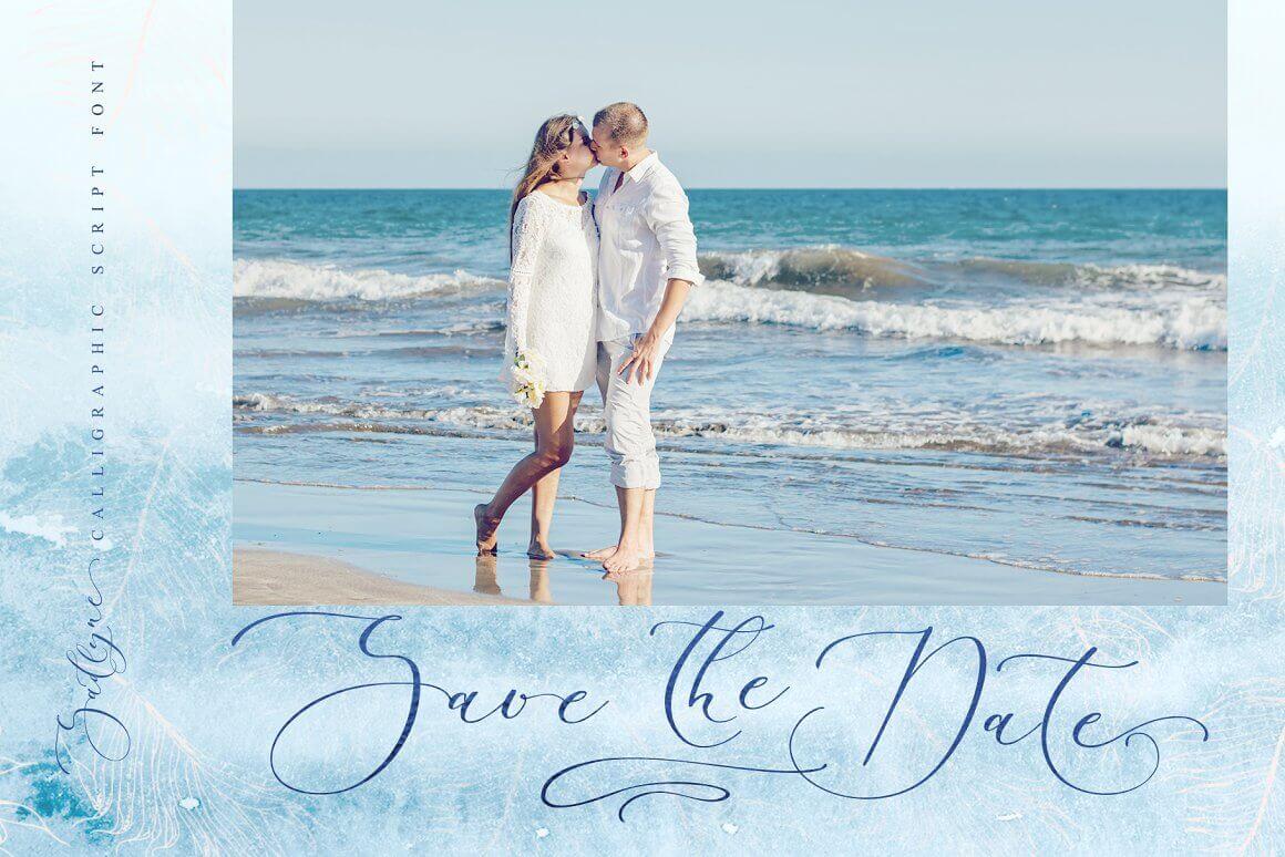 A couple kisses on the seashore and the inscription save the date.