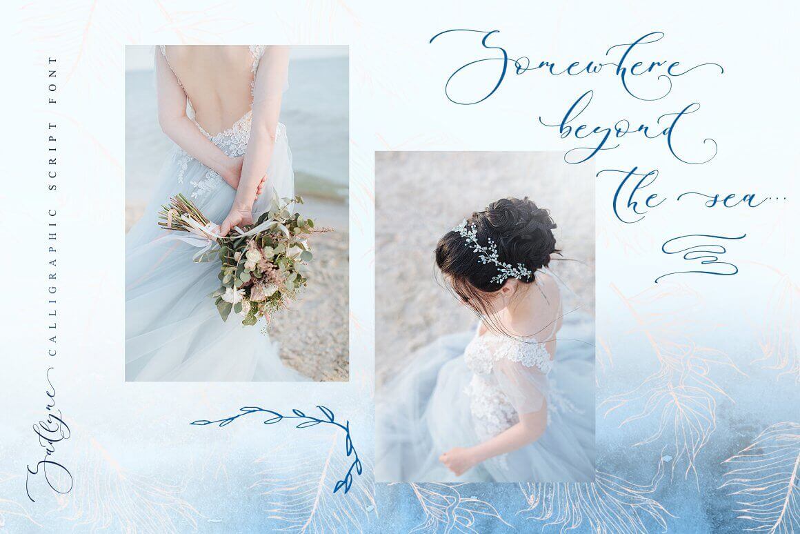 Beautiful bride and inscription Somewhere beyond the sea.