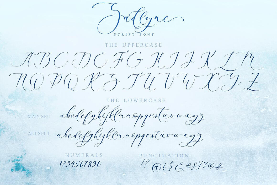 Sadlyne script font, the uppercase, the lowercase, main set, alt set 1, numerals and punctuation on the blue backgraund.