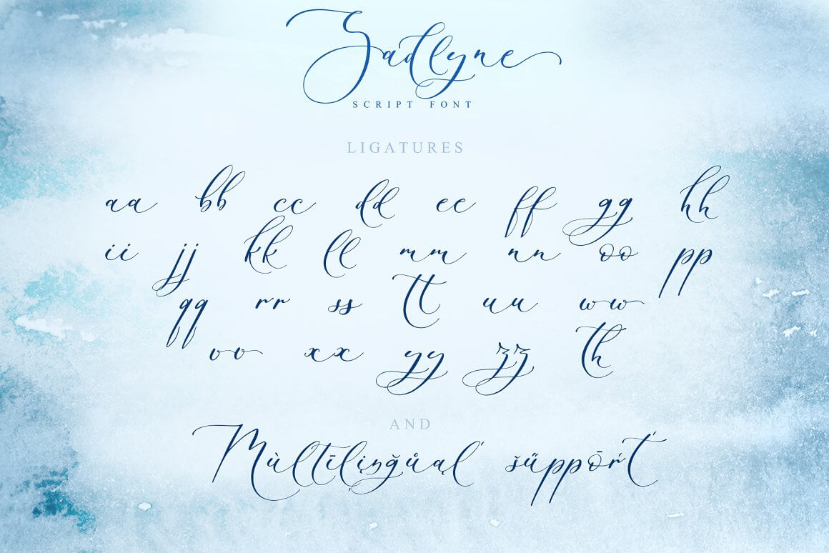 Ligatures and multilingual support of the Sadlyne script font.