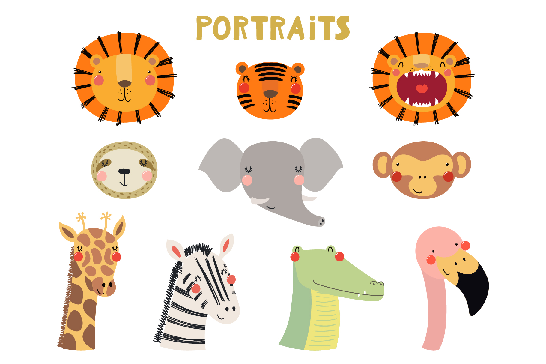 Heads of tiger, lion, zebra, crocodile and other animals.