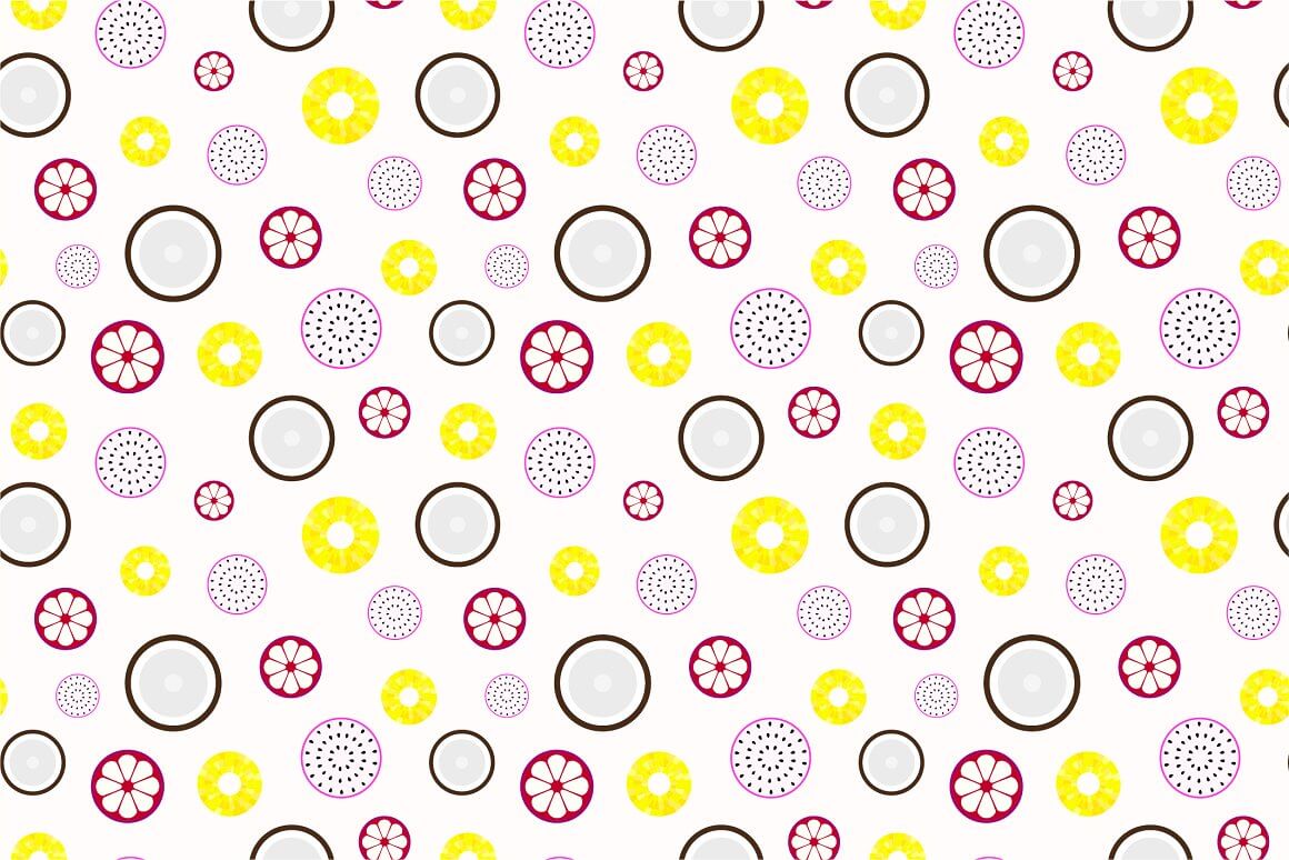 Seamless fruit patterns in purple and yellow.