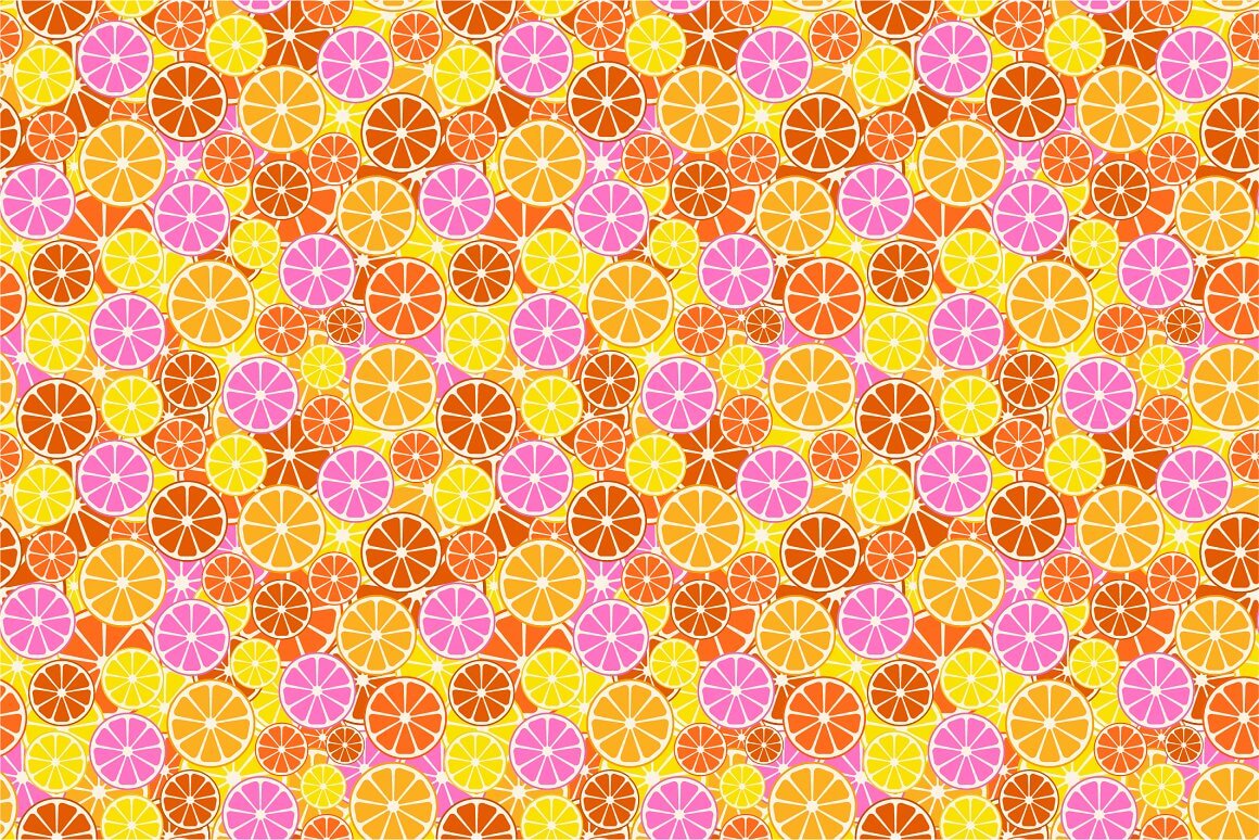 Seamless citrus patterns in yellow, orange, pink.