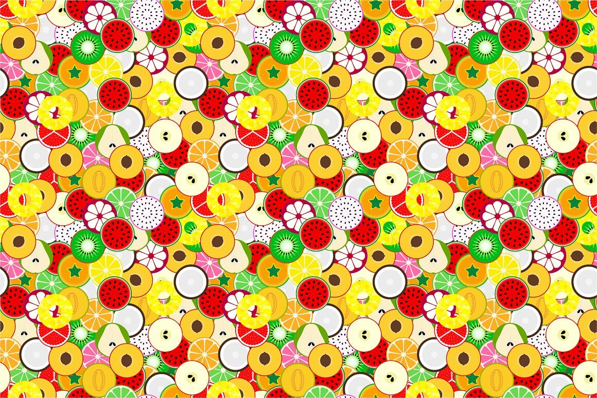 Seamless fruit patterns: apples, pears, watermelon, orange.