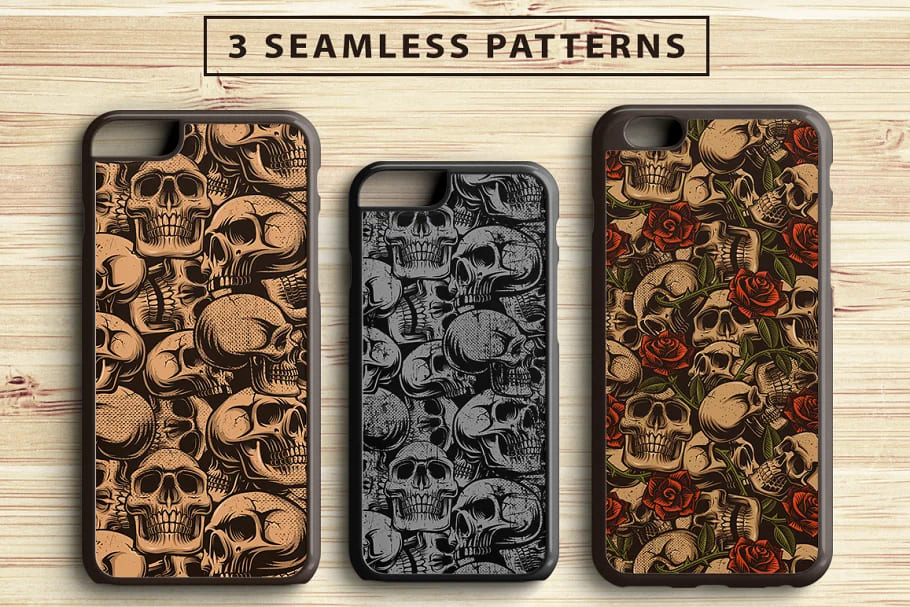 set of vintage skulls seamless patterns.