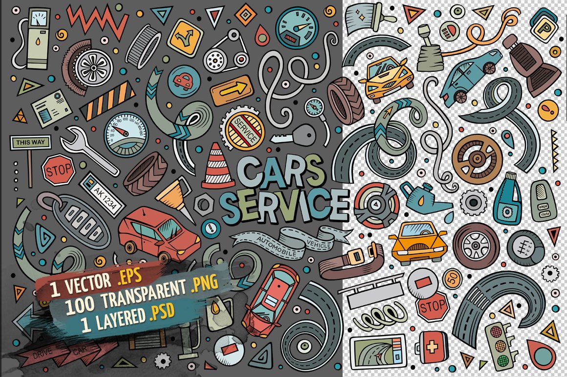 Images of various items on the topic of car service.