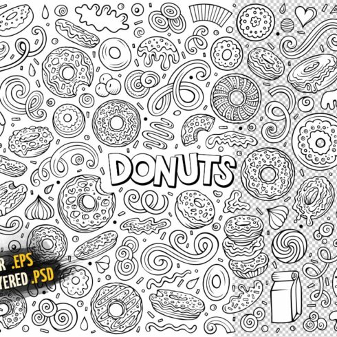 Various donuts in the pictures.