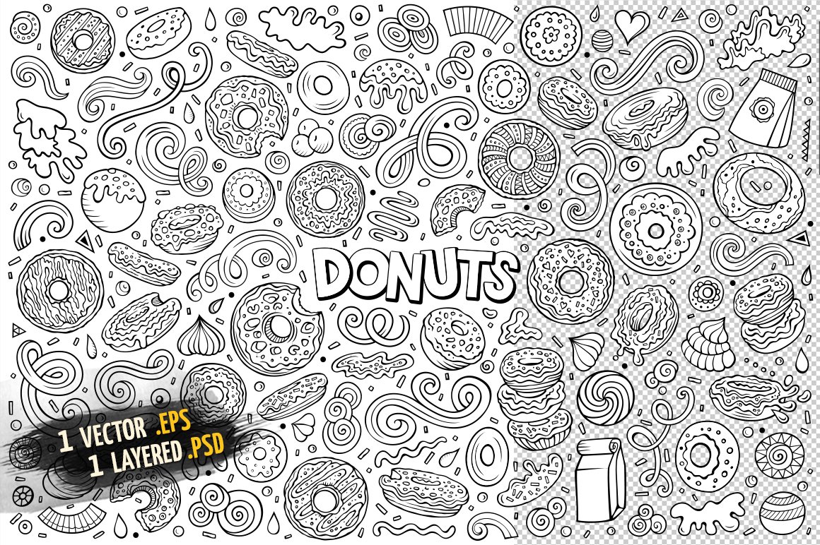 Various donuts in the pictures.
