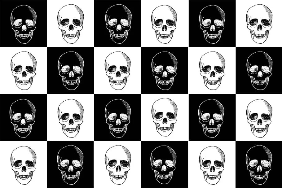 skull collection on black and white background.