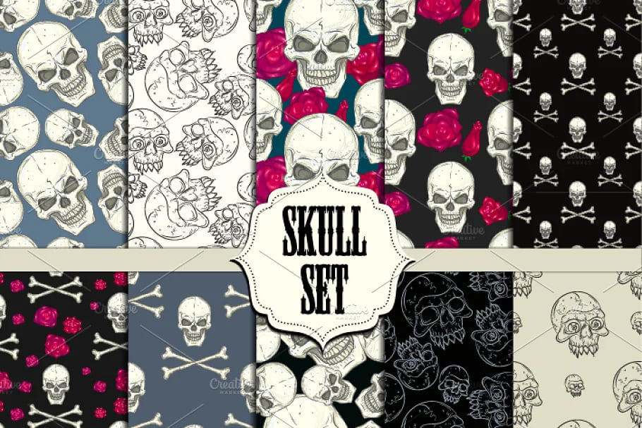 skull set seamless pattern halloween collection.