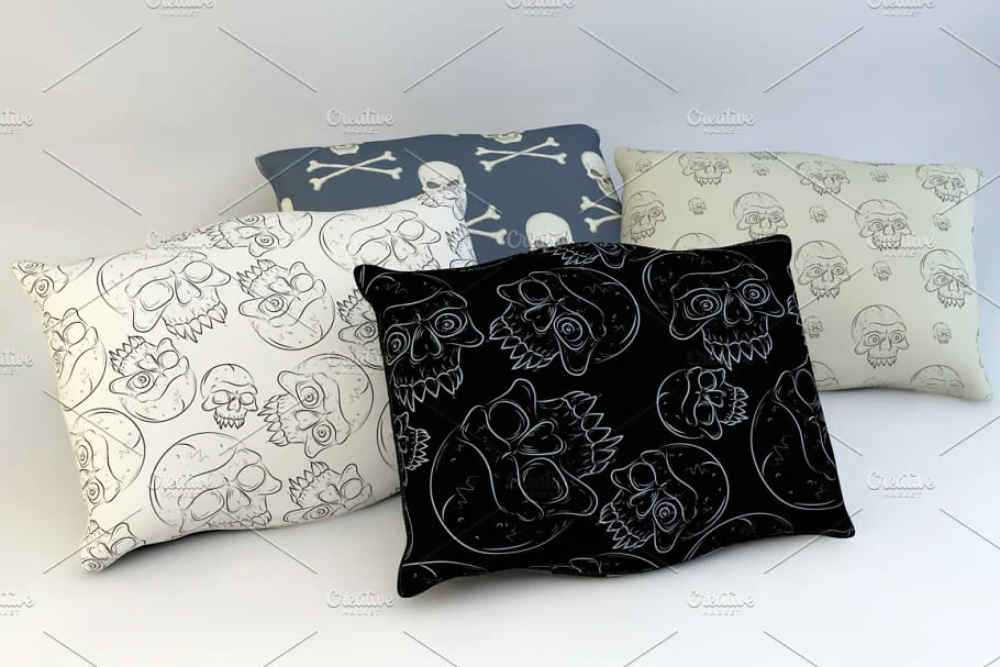 skull set seamless pattern, pillows mockup.