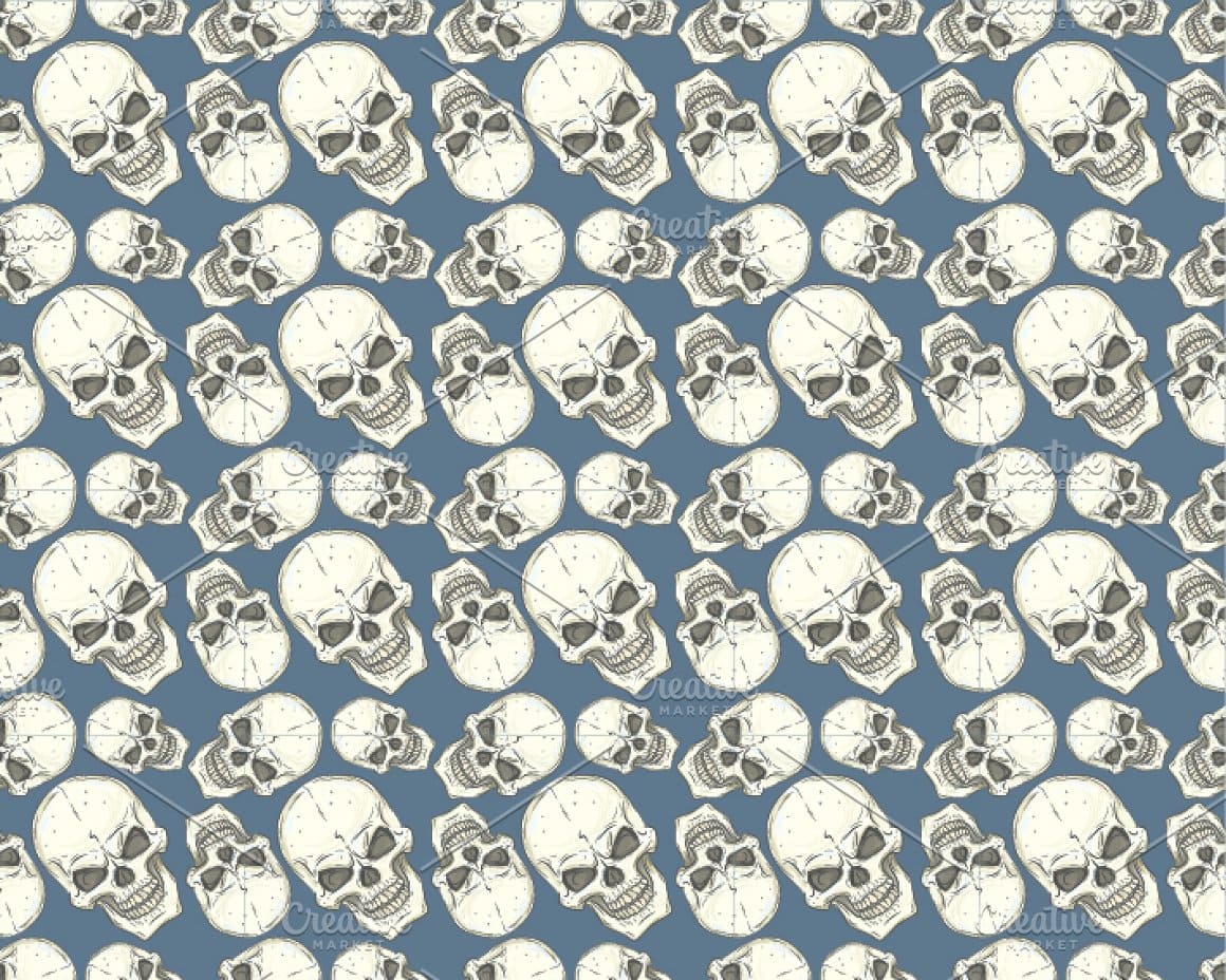 skull set seamless pattern, skulls on blue background.