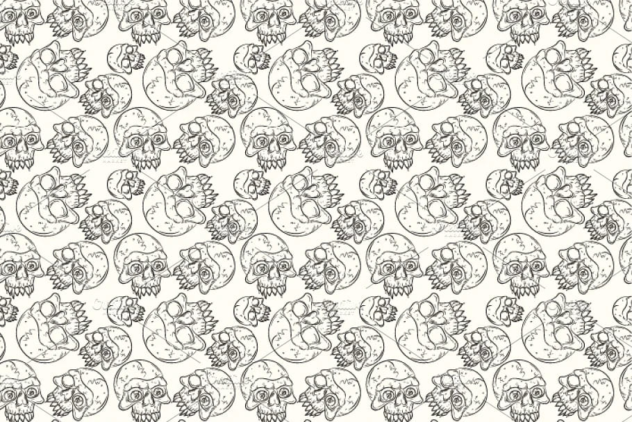 skull set seamless pattern, transparent skulls on white background.