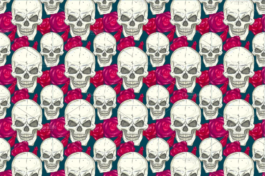 skull set seamless pattern, grinning skulls with red roses.