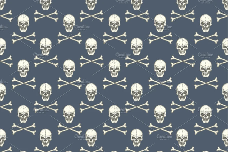 skull set seamless pattern, skulls and bones on blue backgrounds.