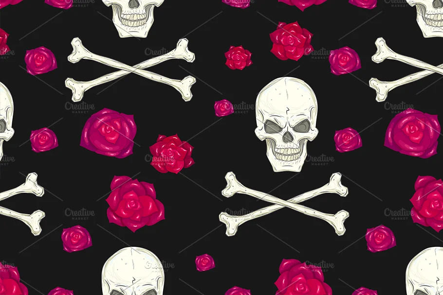 skull set seamless pattern, skulls and bones with roses on black backgrounds.