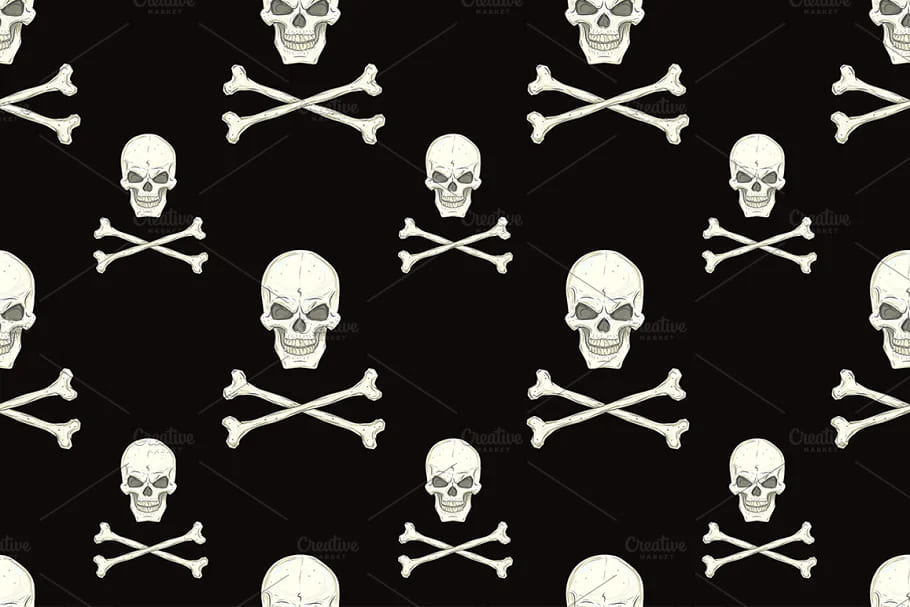 skull set seamless pattern, skulls with crossed bones on black background.