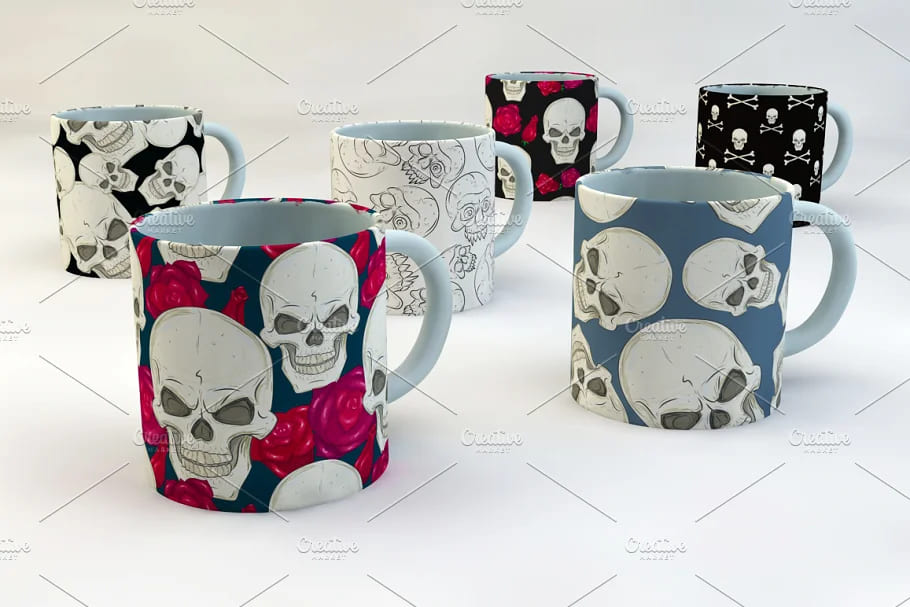 skull set seamless pattern, mugs mockup.