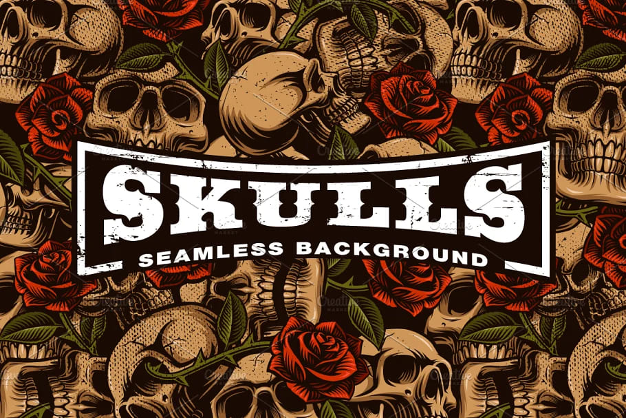 skulls and roses seamless background for your design.