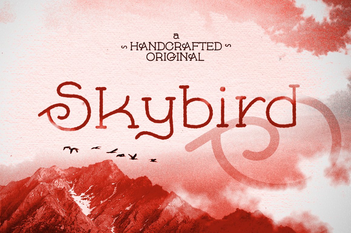 Header with a font title on a background of mountains and birds in red.