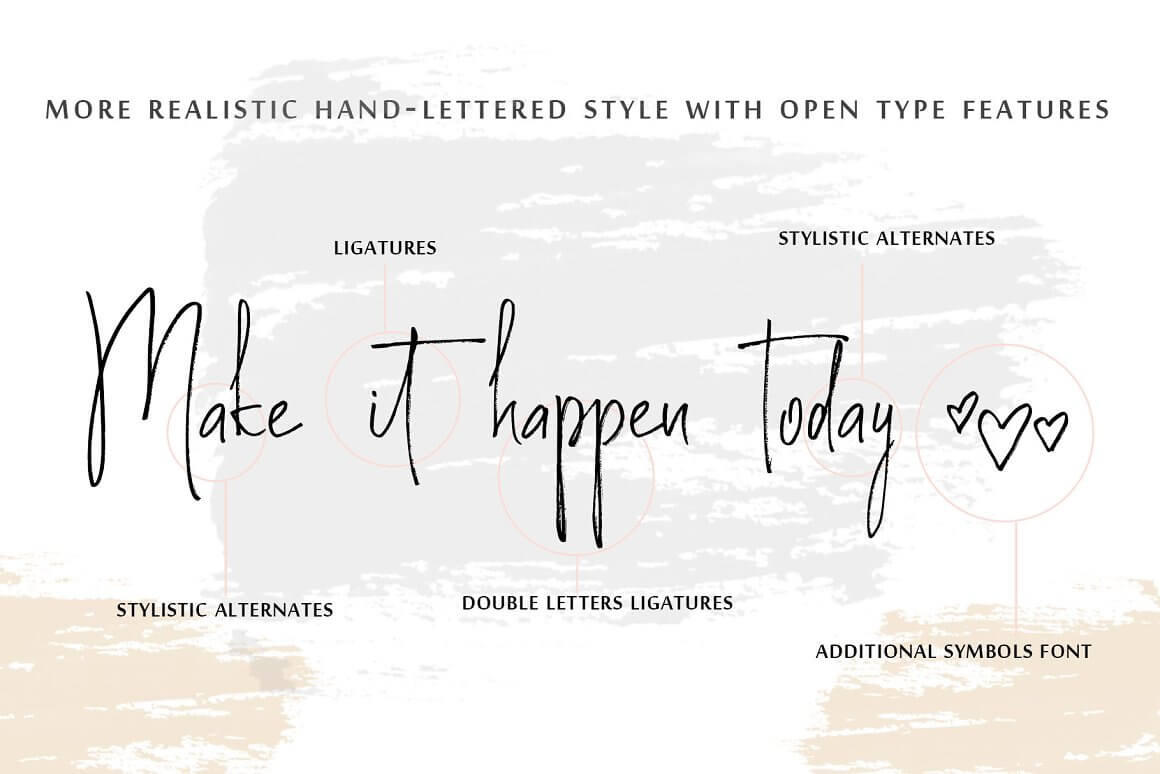 More realistic hand-lettered style with open type features and inscription "Make it happen today".
