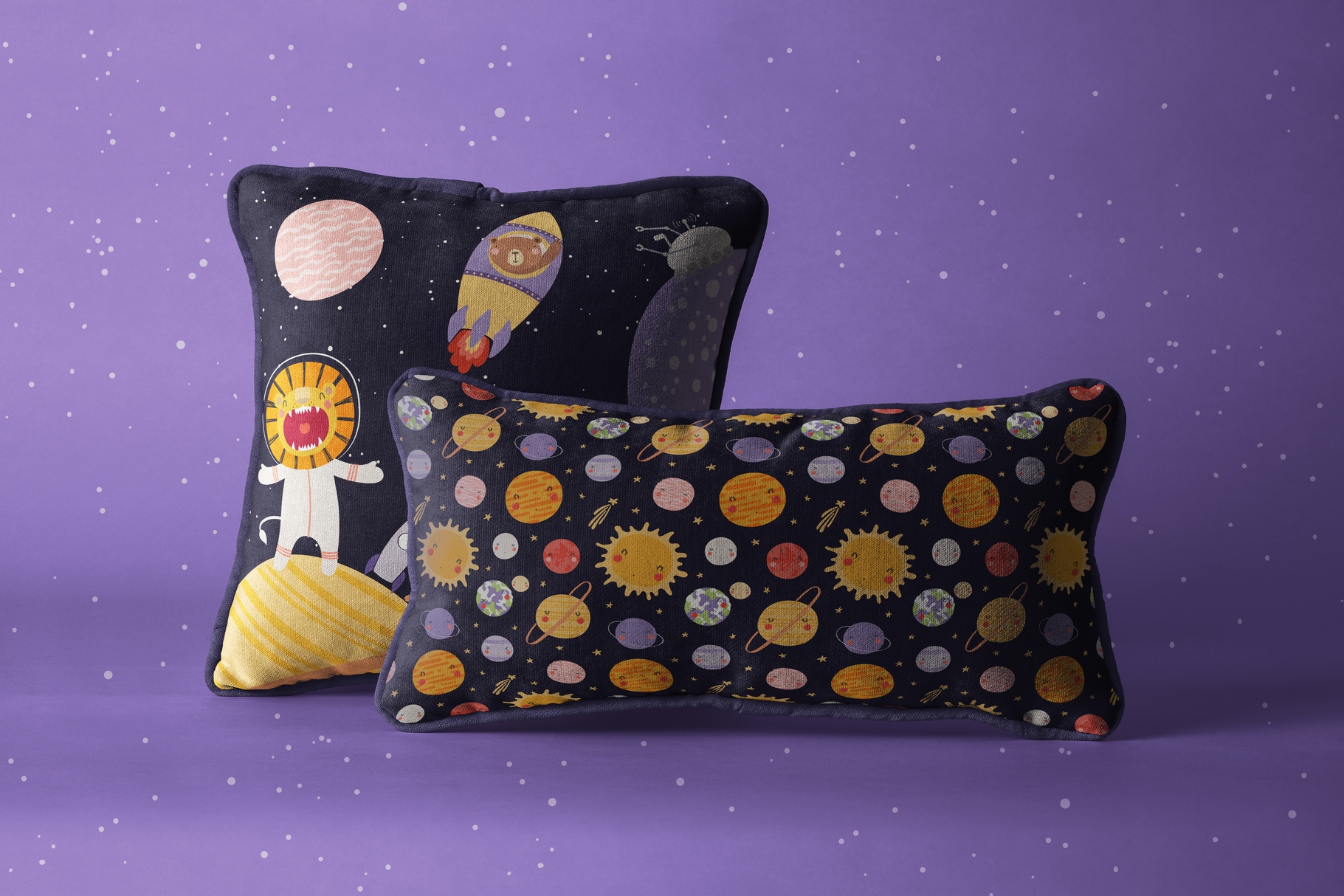 Pillow print with space theme.