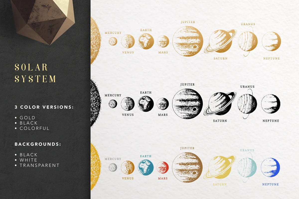 space collection with moon planets solar system.
